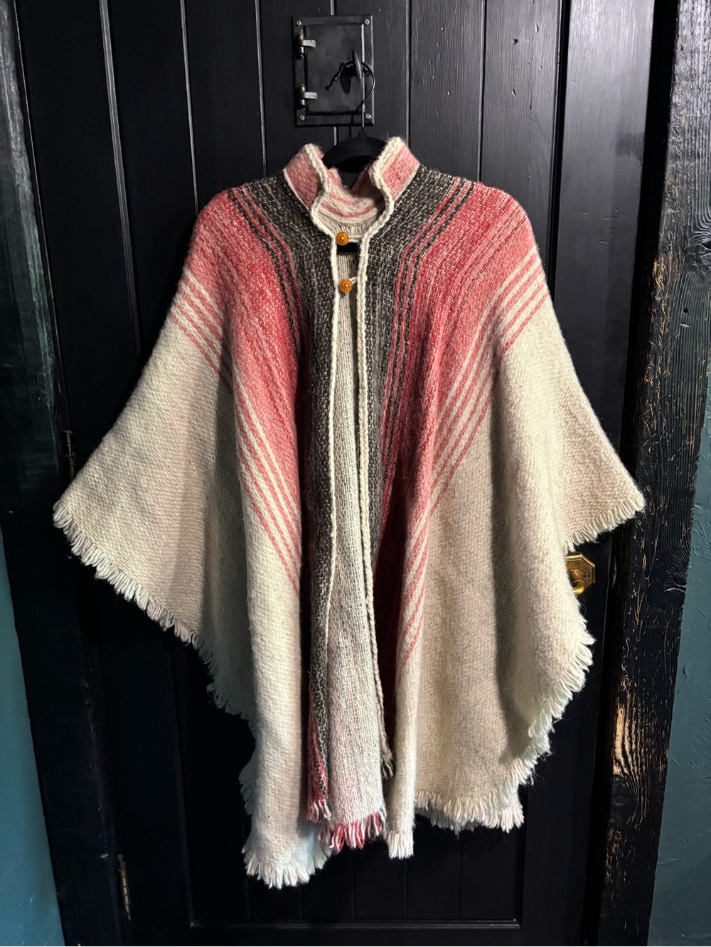 Vintage Handmade wool poncho cream white red black